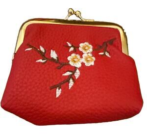 NWT Kiss Lock Coin Purse Red Faux Leather Floral Embroidered Goldtone Frame
